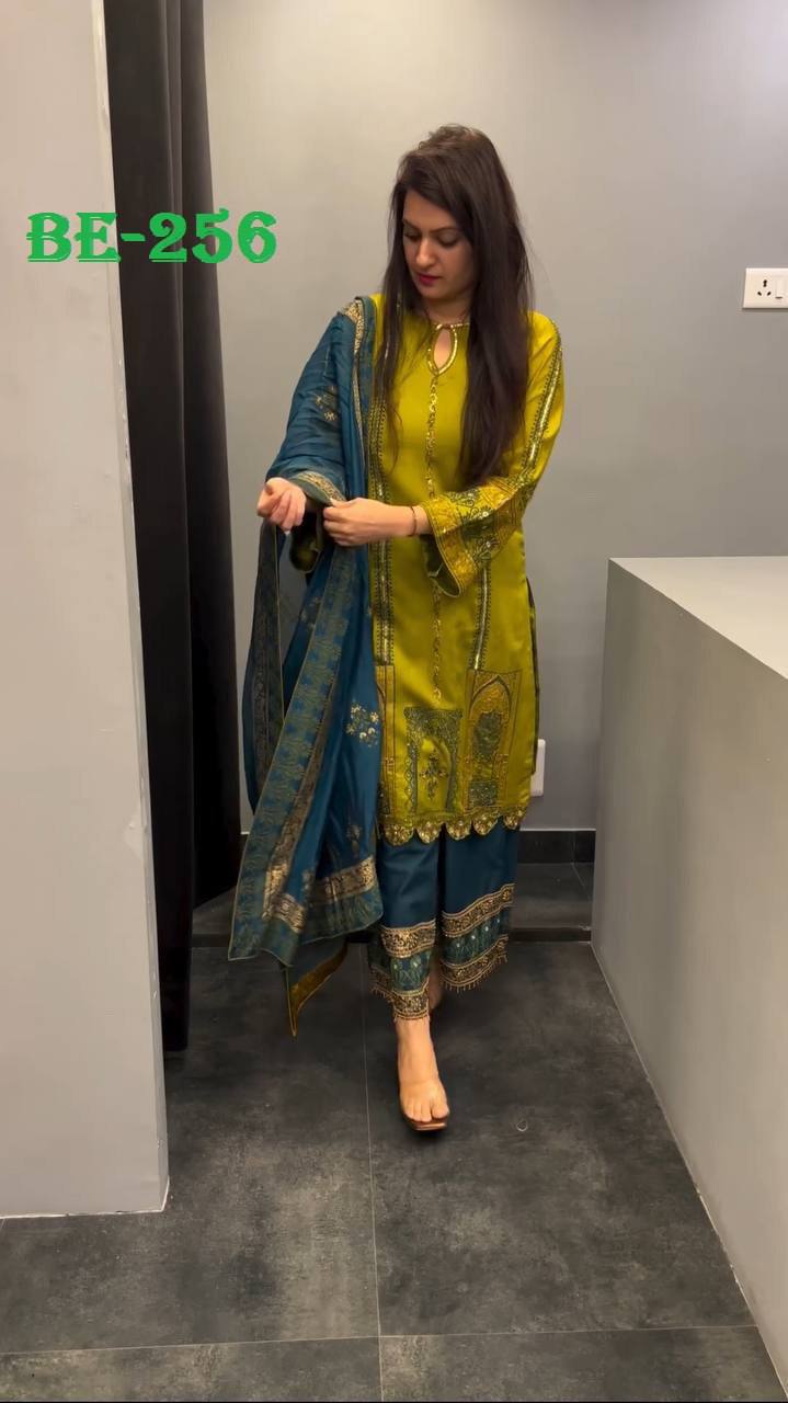 Elegant Roman Silk Embroidered Suit Set with Plazo and Dupatta