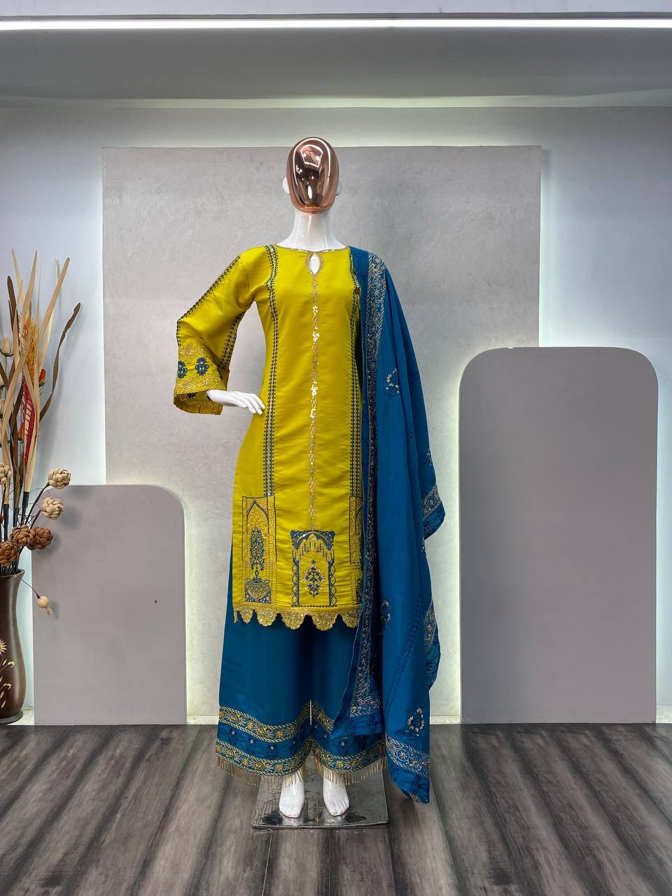 Elegant Roman Silk Embroidered Suit Set with Plazo and Dupatta