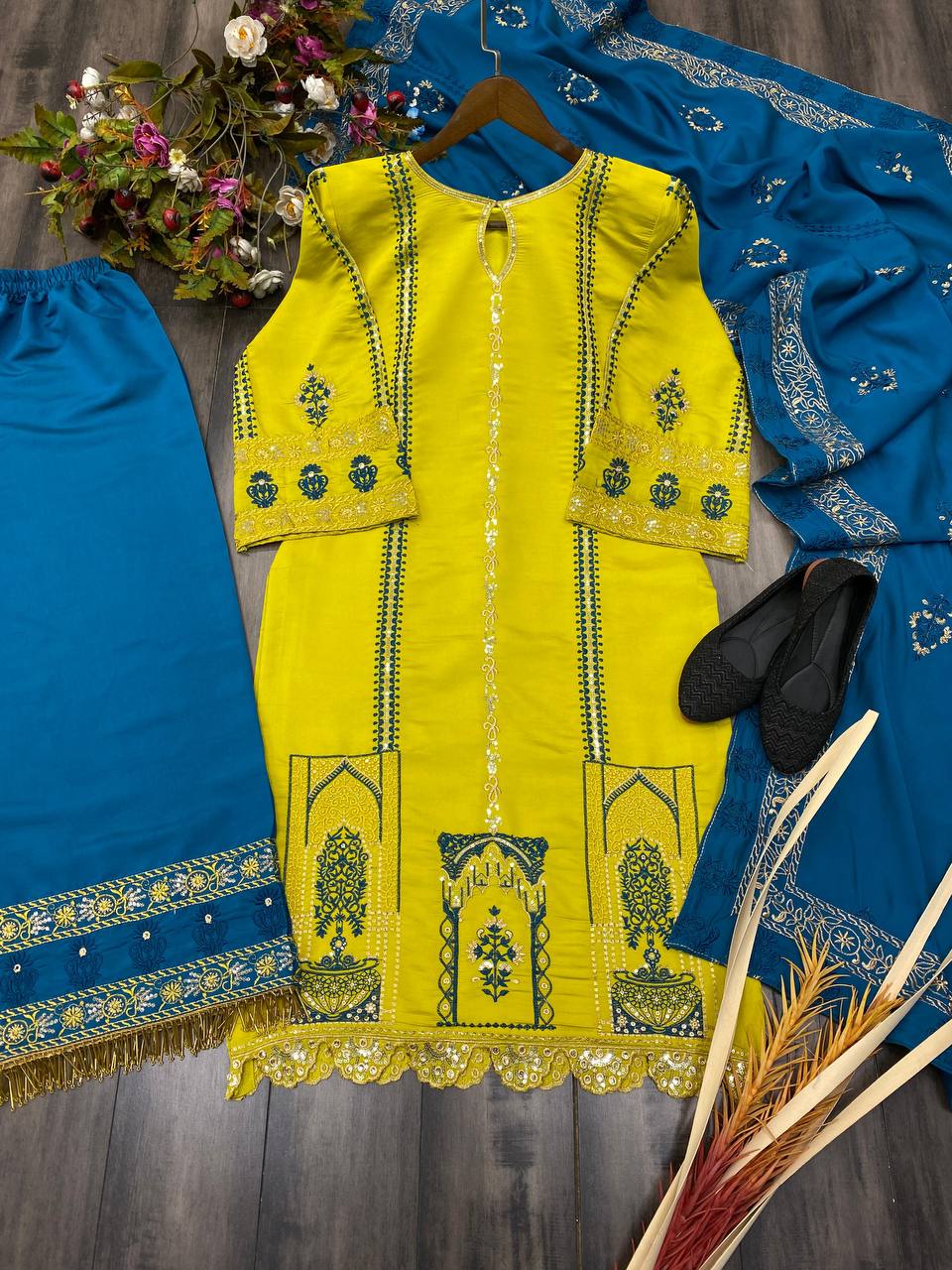 Elegant Roman Silk Embroidered Suit Set with Plazo and Dupatta