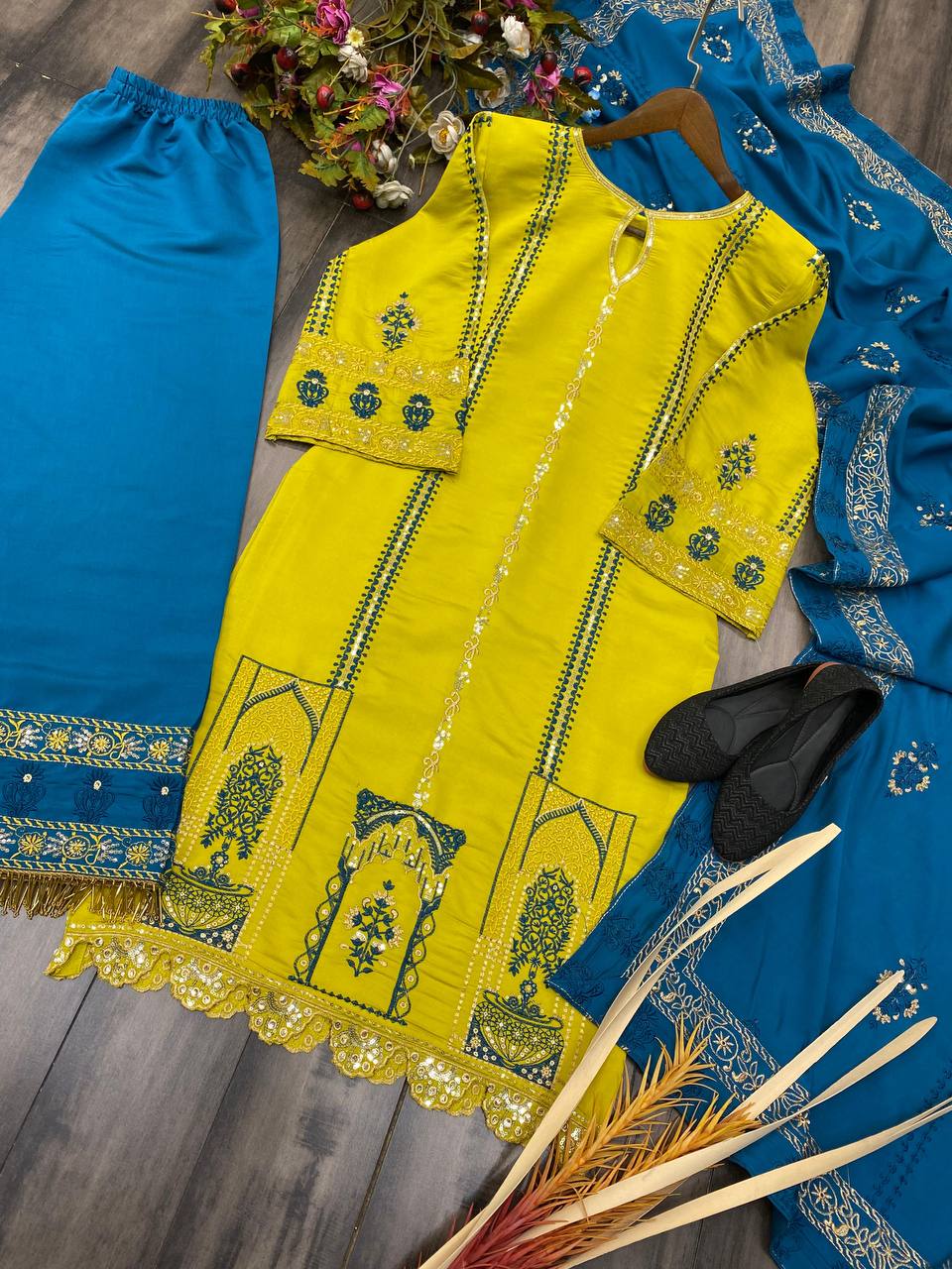 Elegant Roman Silk Embroidered Suit Set with Plazo and Dupatta