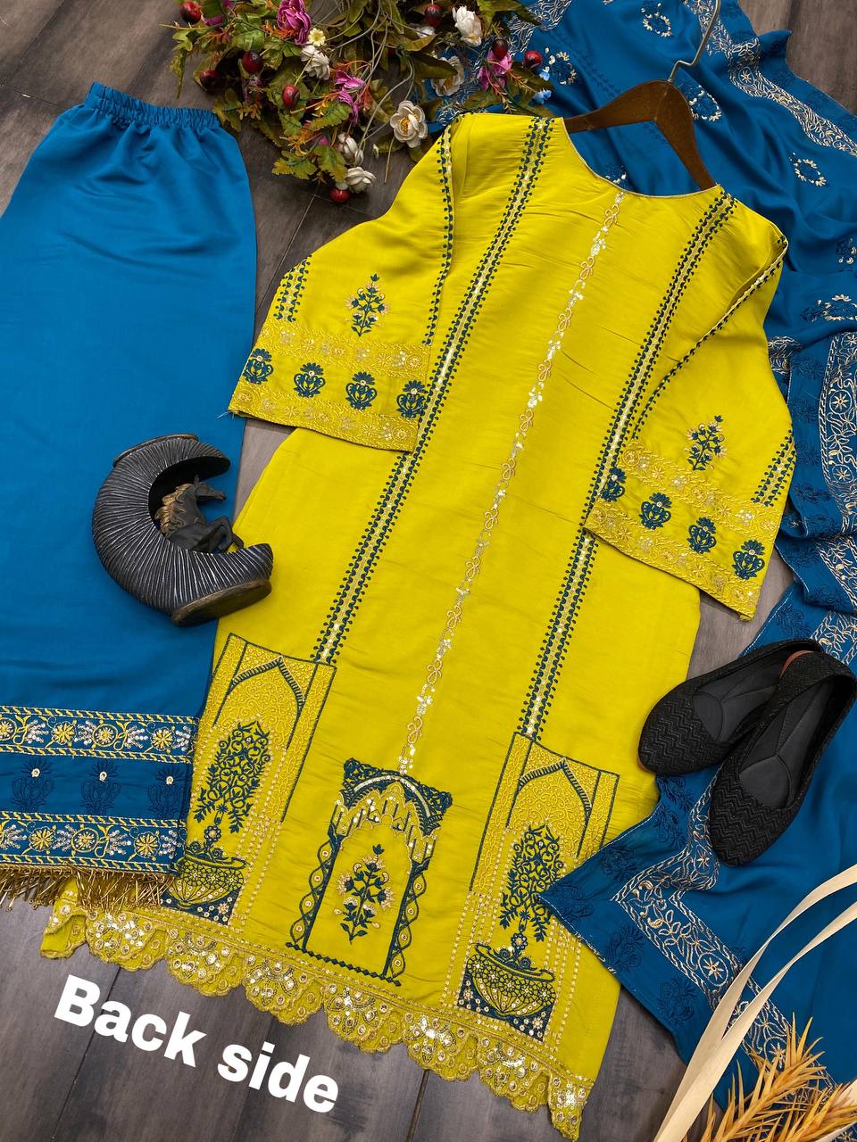 Elegant Roman Silk Embroidered Suit Set with Plazo and Dupatta