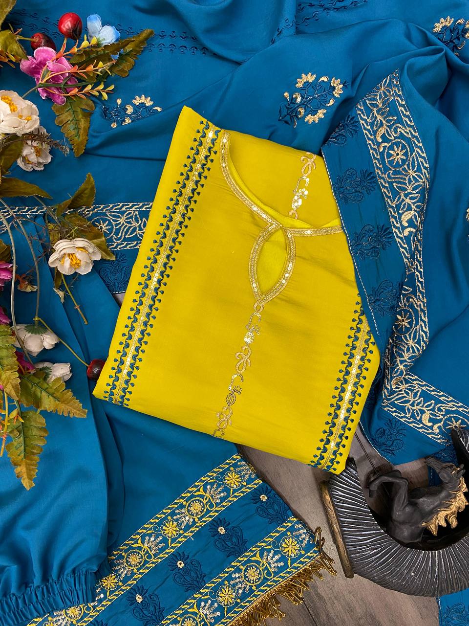 Elegant Roman Silk Embroidered Suit Set with Plazo and Dupatta