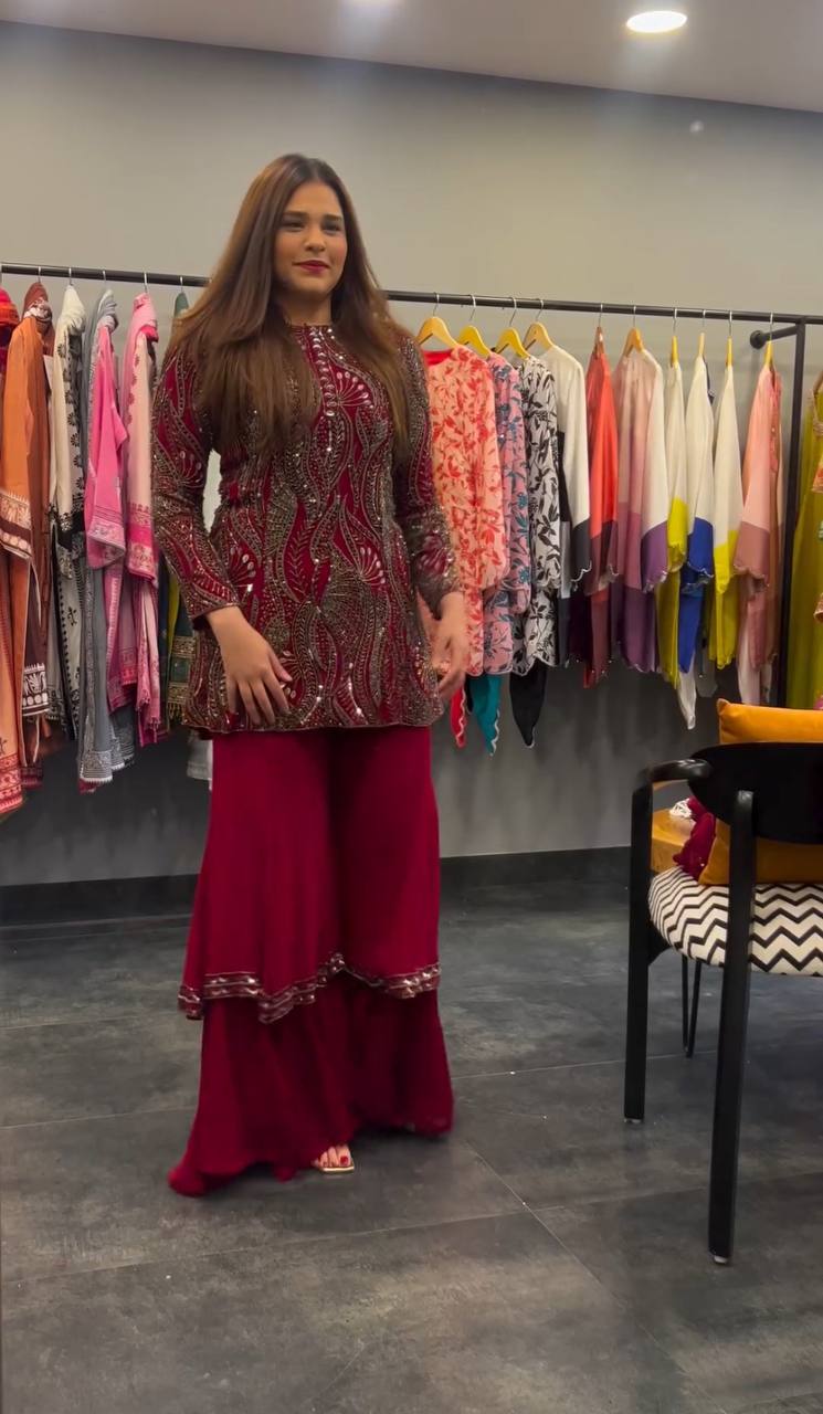 Trendy Faux Georgette Embroidered Suit with Ruffle Plazo and Dupatta