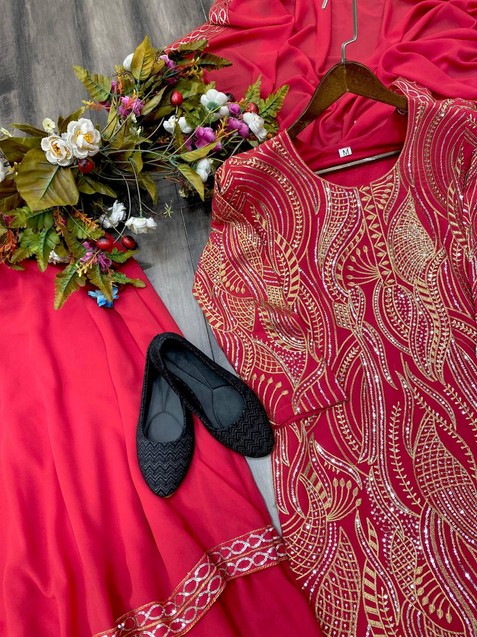 Trendy Faux Georgette Embroidered Suit with Ruffle Plazo and Dupatta