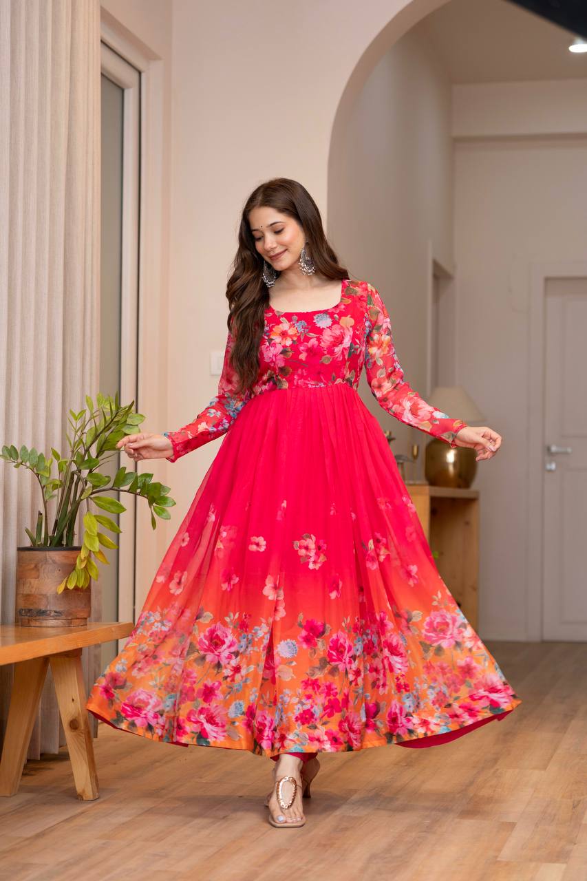 Rani Pink Floral Organza Anarkali Gown with Dupatta