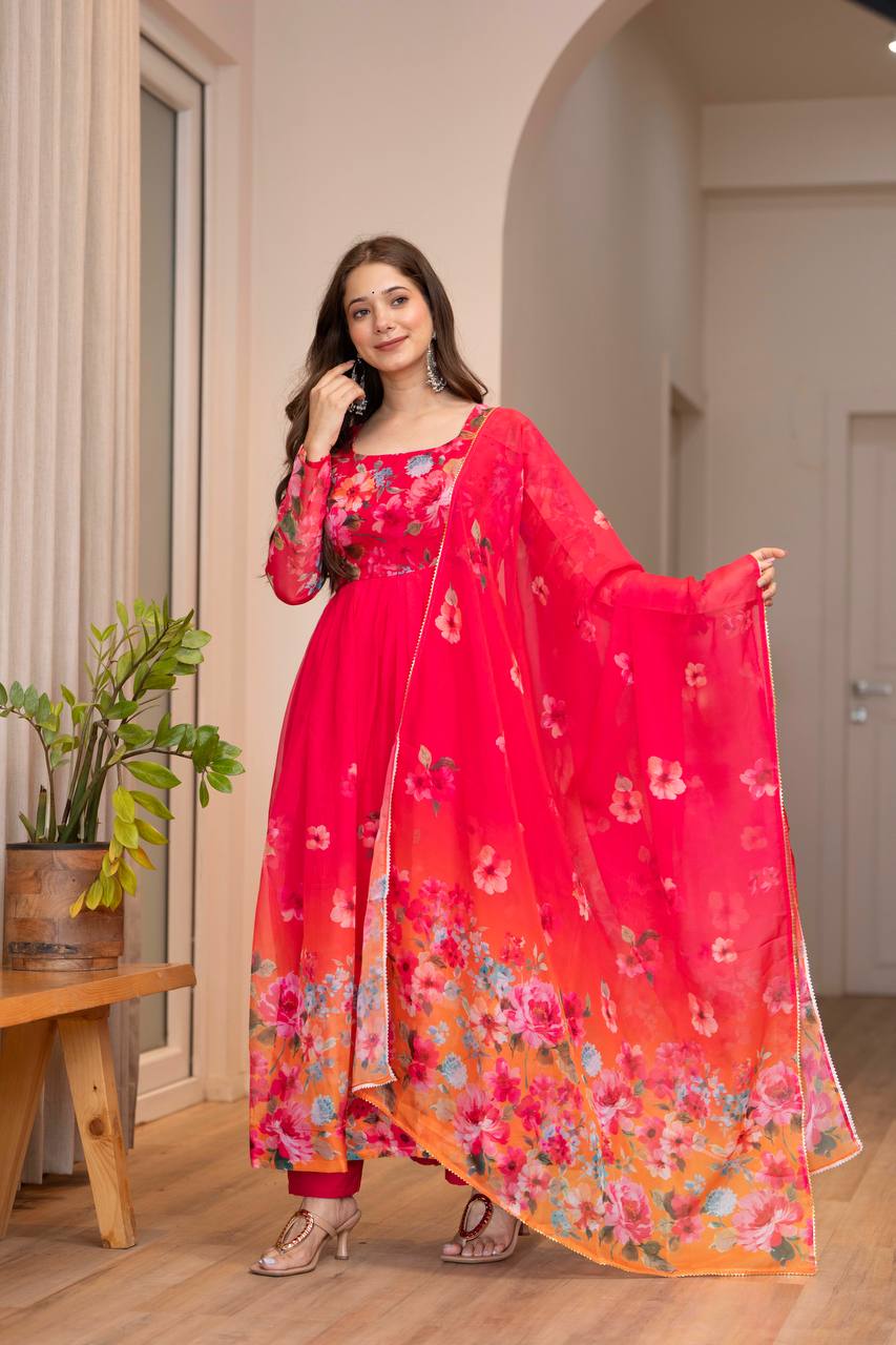 Rani Pink Floral Organza Anarkali Gown with Dupatta