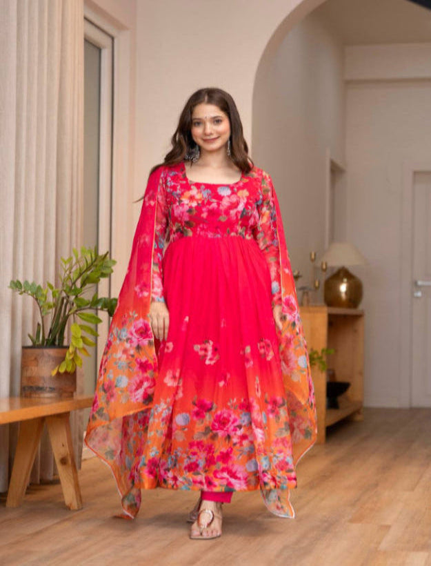 Rani Pink Floral Organza Anarkali Gown with Dupatta