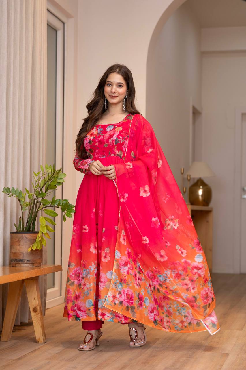 Rani Pink Floral Organza Anarkali Gown with Dupatta