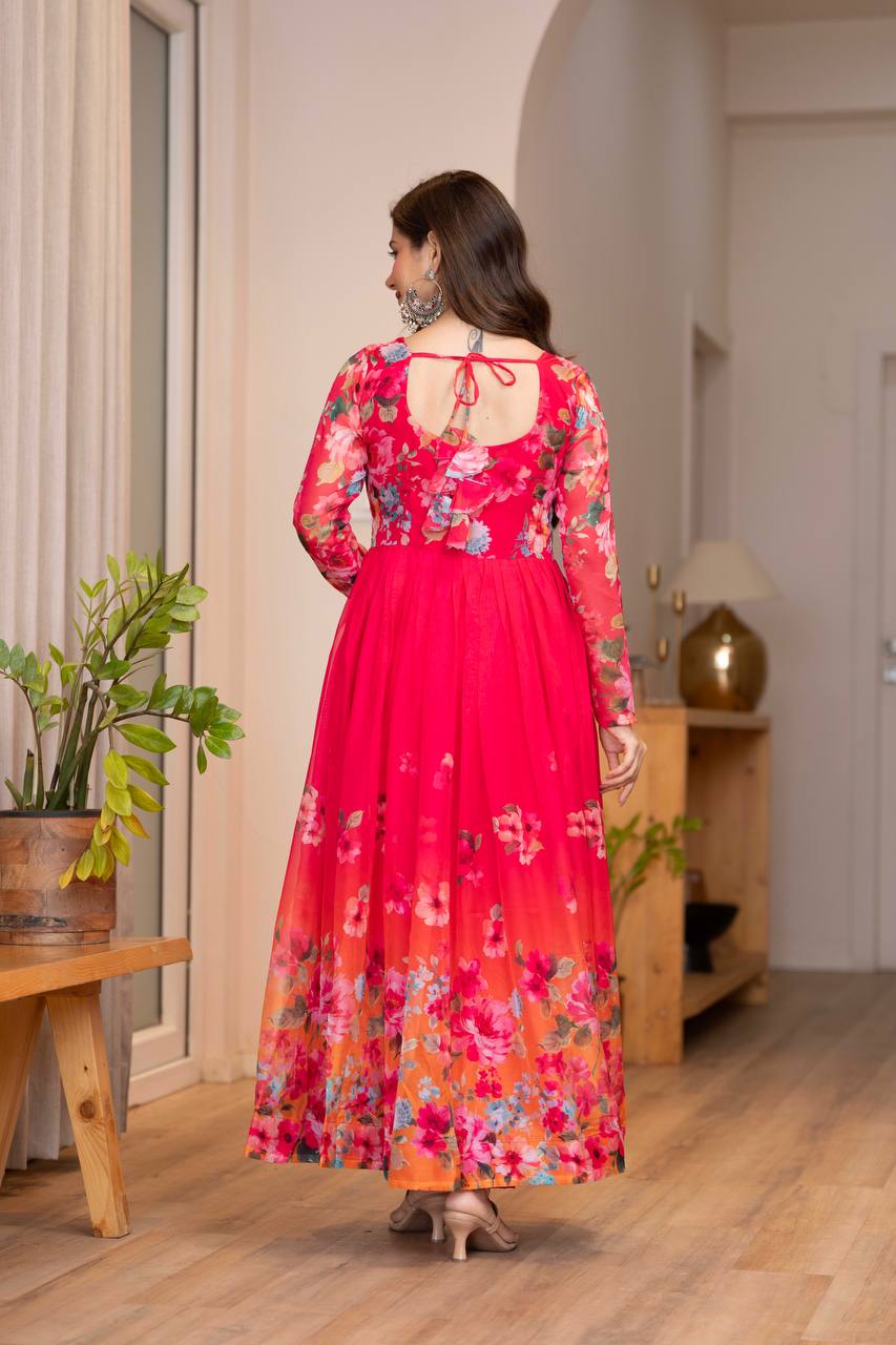 Rani Pink Floral Organza Anarkali Gown with Dupatta