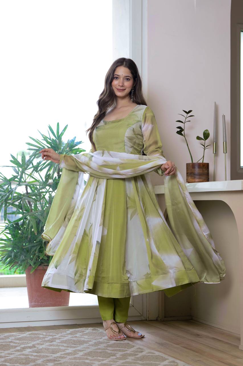 Pista Green Floral Print Organza Anarkali Suit Set