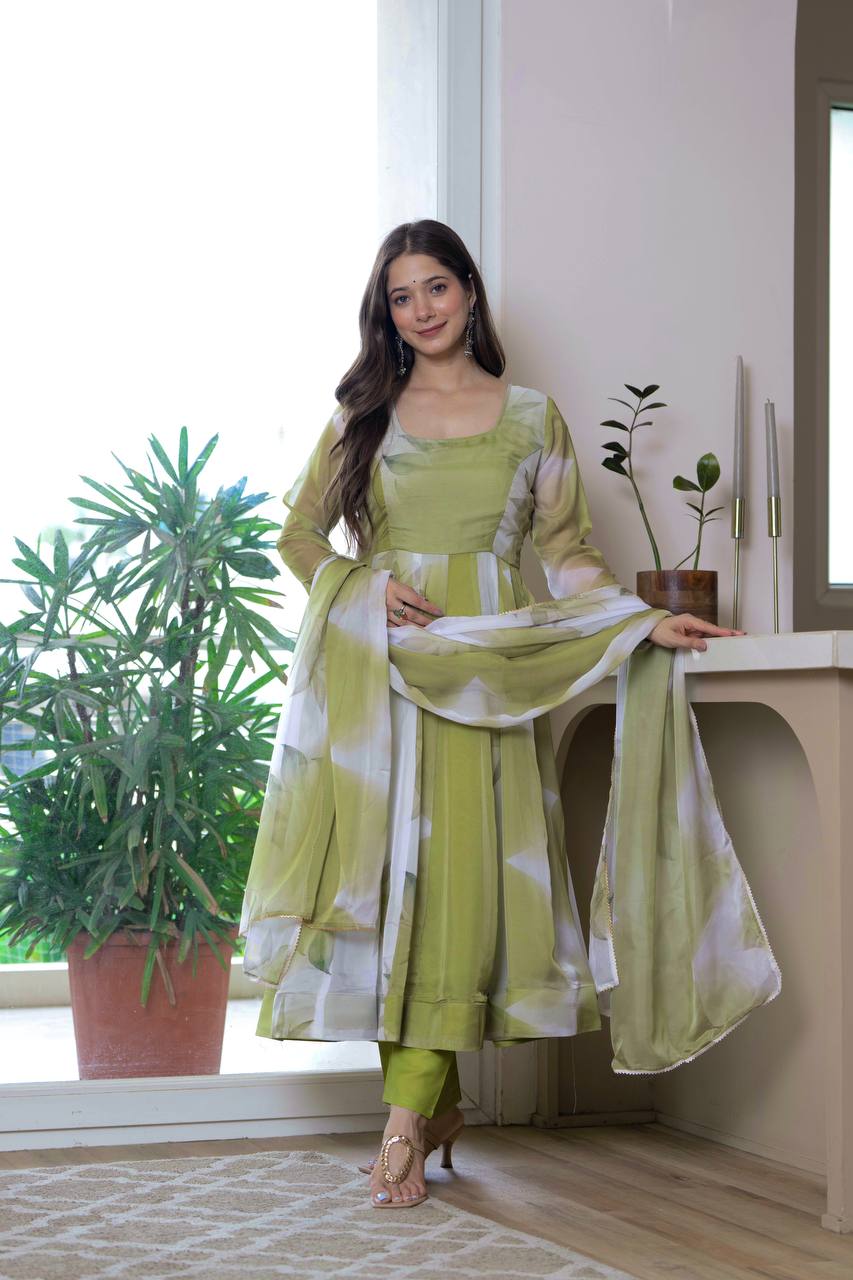 Pista Green Floral Print Organza Anarkali Suit Set