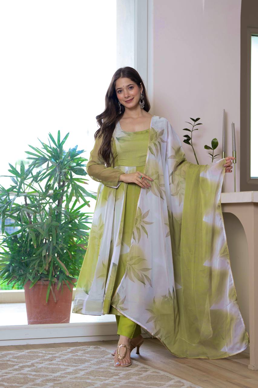 Pista Green Floral Print Organza Anarkali Suit Set