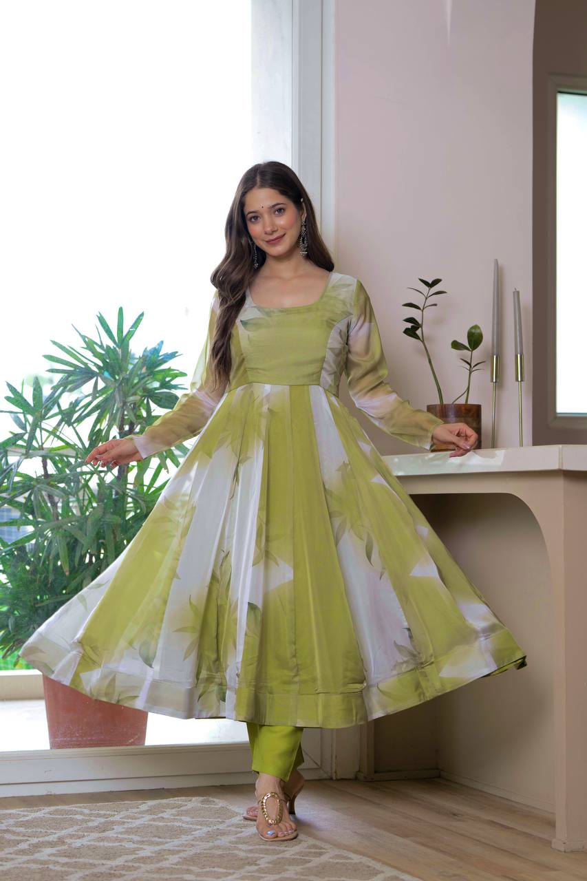 Pista Green Floral Print Organza Anarkali Suit Set