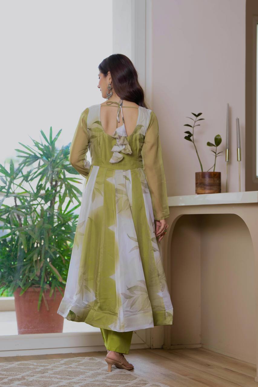 Pista Green Floral Print Organza Anarkali Suit Set