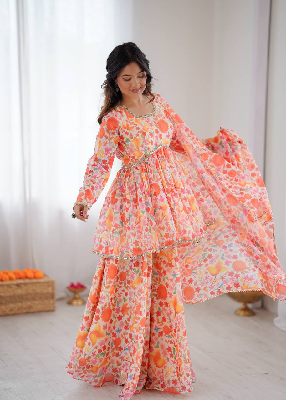 Soft Taby Organza Floral Print Kediya Kurta with Palazzo & Dupatta Set