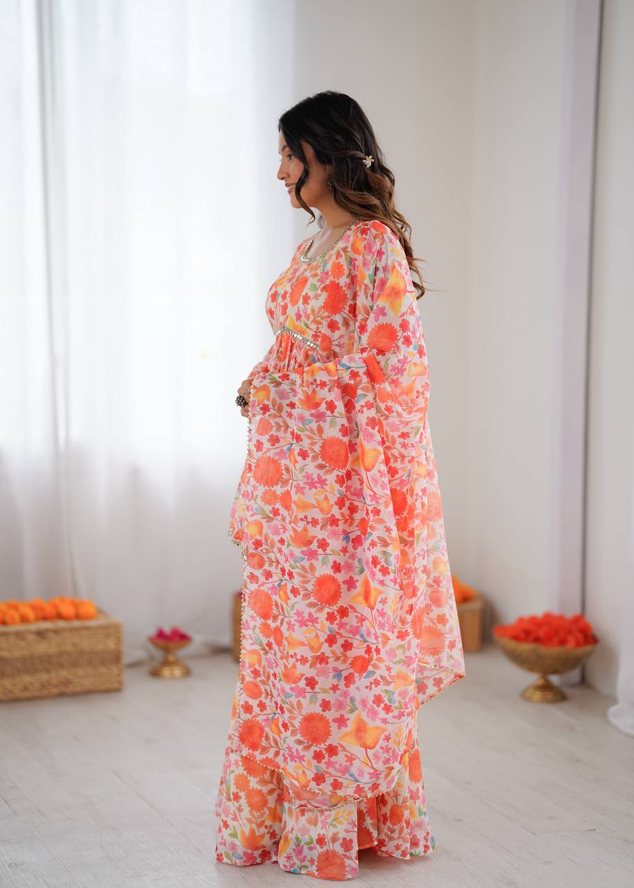 Soft Taby Organza Floral Print Kediya Kurta with Palazzo & Dupatta Set