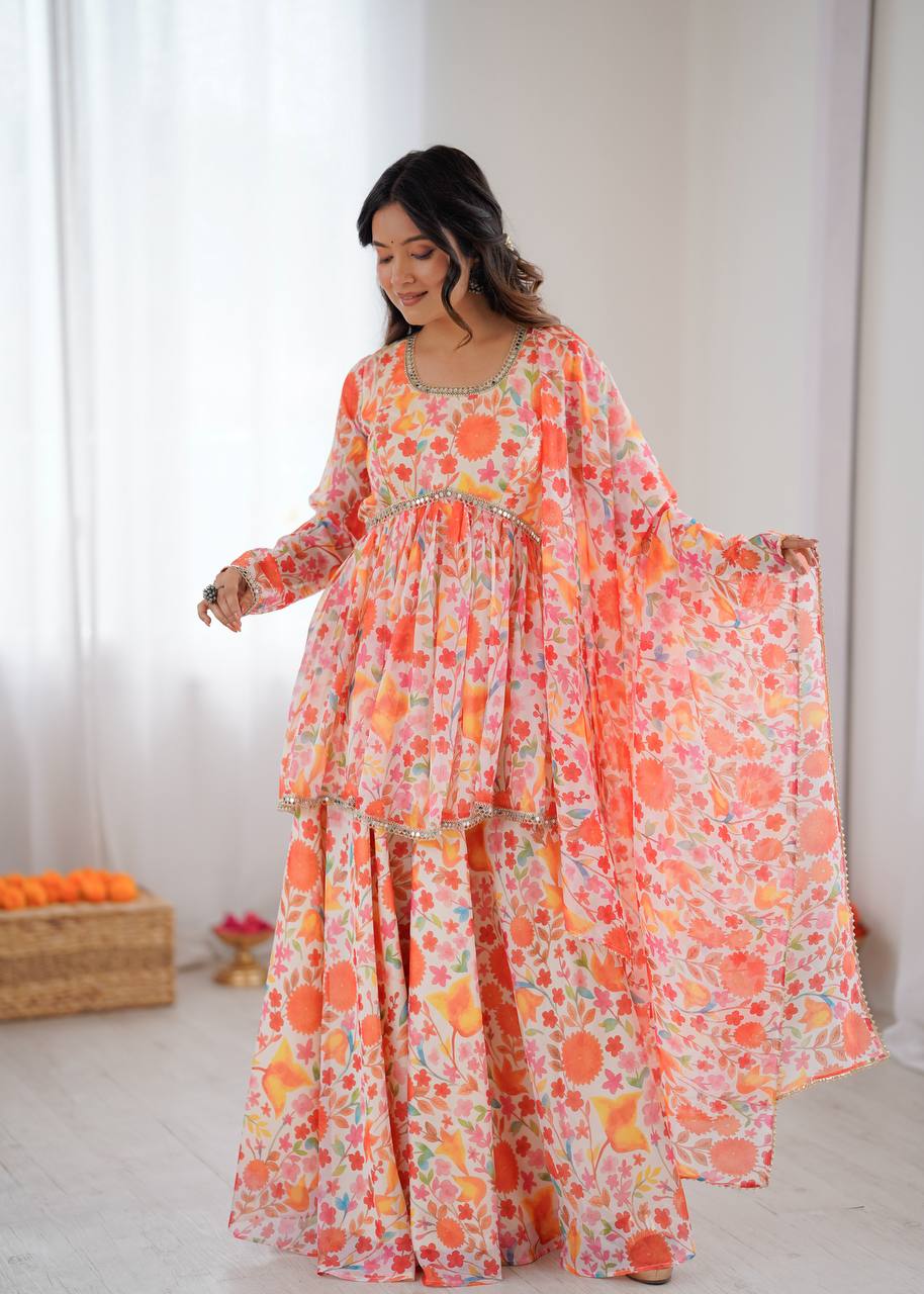 Soft Taby Organza Floral Print Kediya Kurta with Palazzo & Dupatta Set