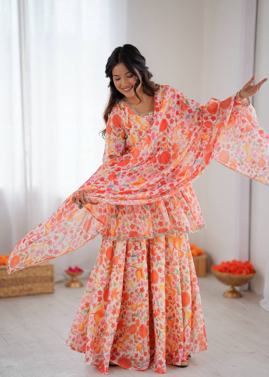 Soft Taby Organza Floral Print Kediya Kurta with Palazzo & Dupatta Set
