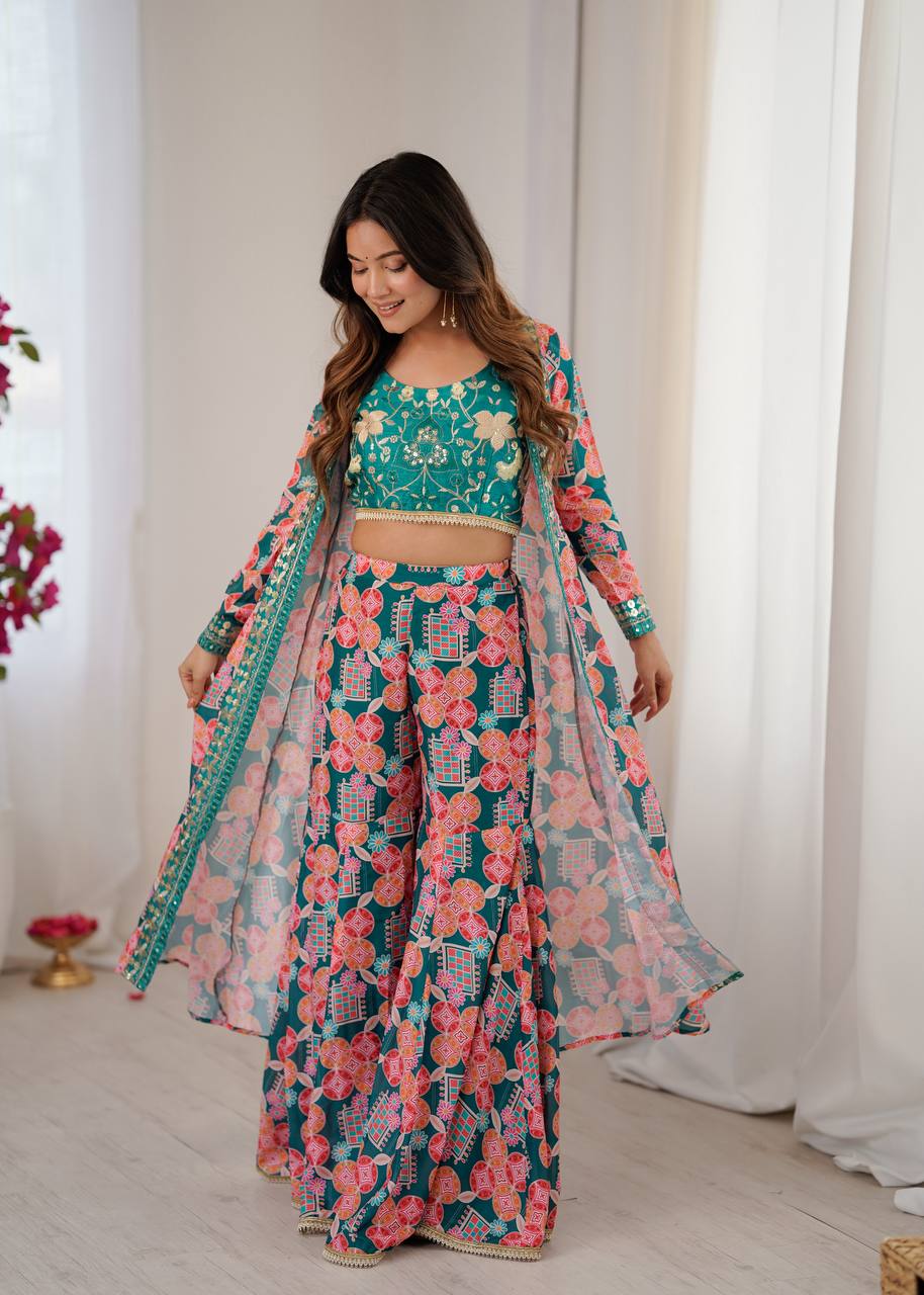 Teal Printed Muslin Indo-Western Koti & Sharara Set with Embroidered Blouse