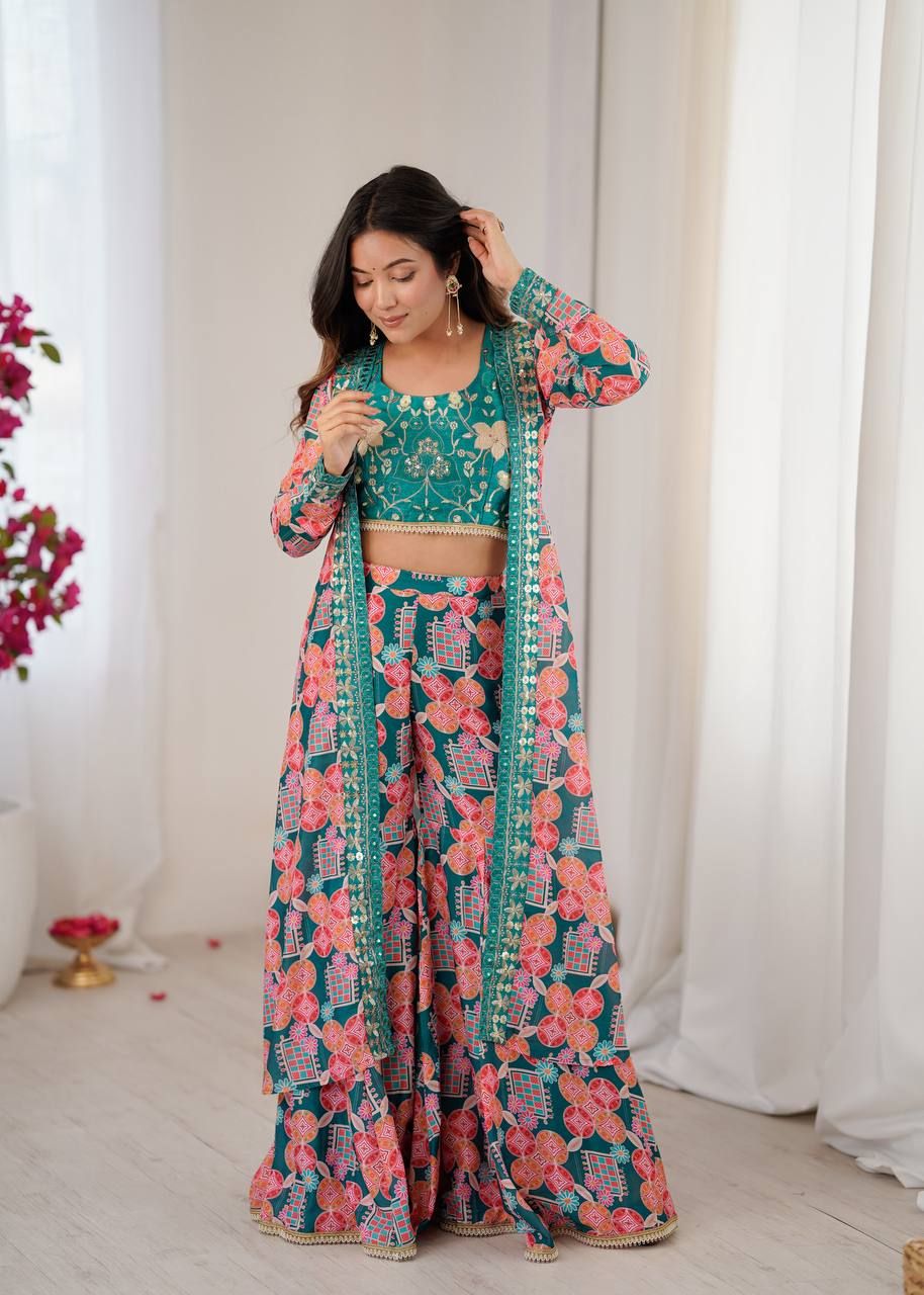 Teal Printed Muslin Indo-Western Koti & Sharara Set with Embroidered Blouse