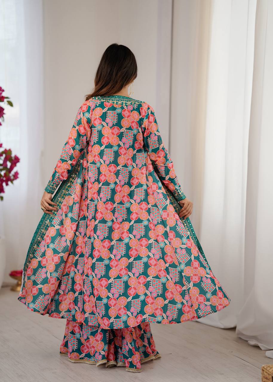 Teal Printed Muslin Indo-Western Koti & Sharara Set with Embroidered Blouse