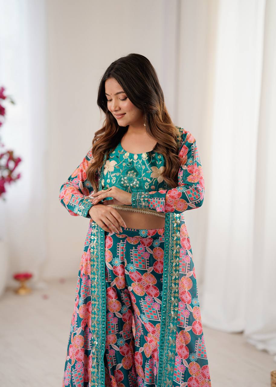 Teal Printed Muslin Indo-Western Koti & Sharara Set with Embroidered Blouse