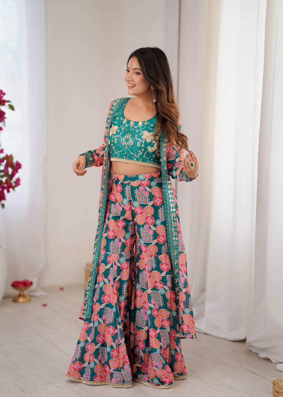 Teal Printed Muslin Indo-Western Koti & Sharara Set with Embroidered Blouse