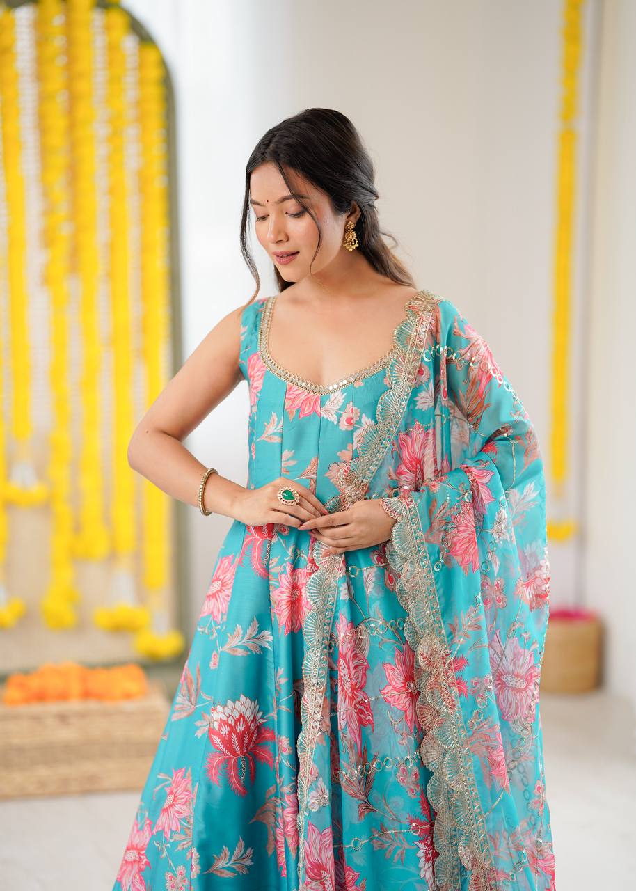 Premium Pure Muslin Floral Anarkali Suit with Embroidered Organza Dupatta