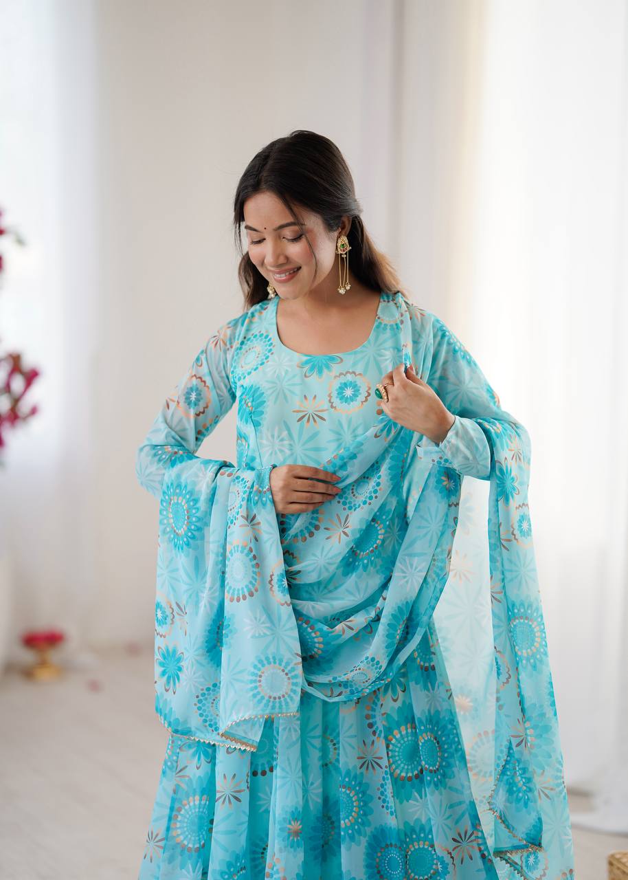 Premium Kalicut Floral Anarkali Suit Set with Dupatta & Pants