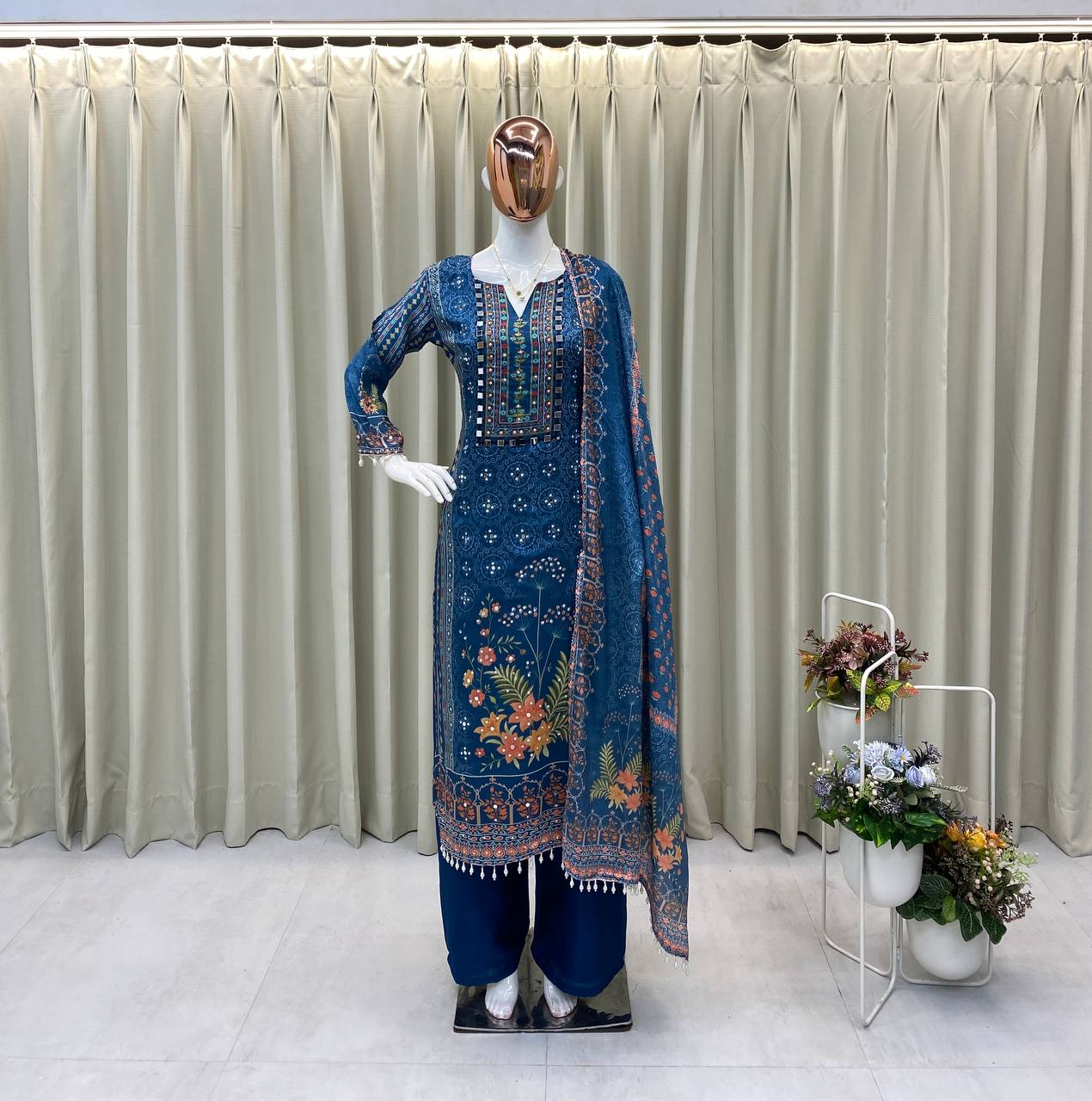 Printed Design with Real Mirror & Diamond Work