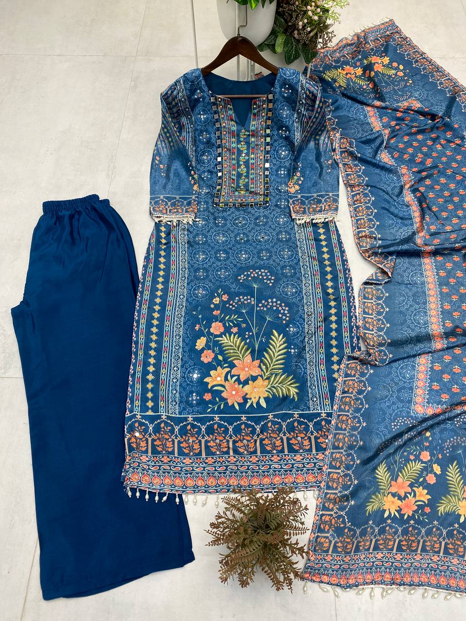 Printed Design with Real Mirror & Diamond Work