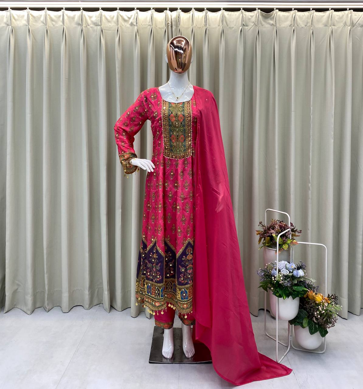 Printed Design with Real Mirror Work & Samosa Lace