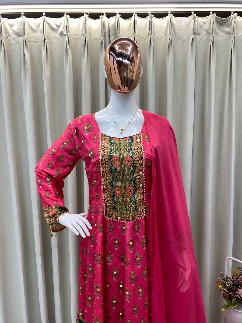 Printed Design with Real Mirror Work & Samosa Lace