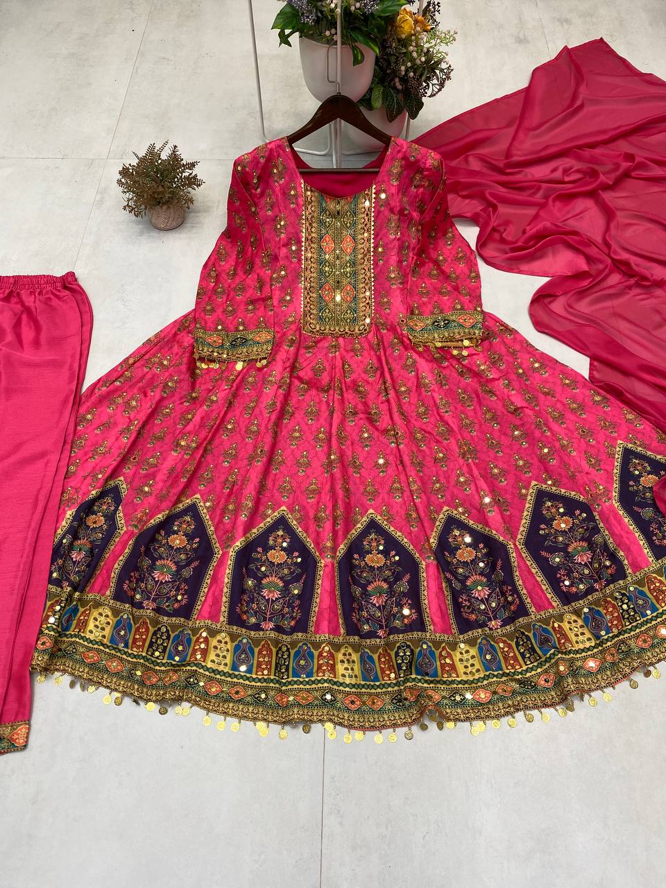 Printed Design with Real Mirror Work & Samosa Lace
