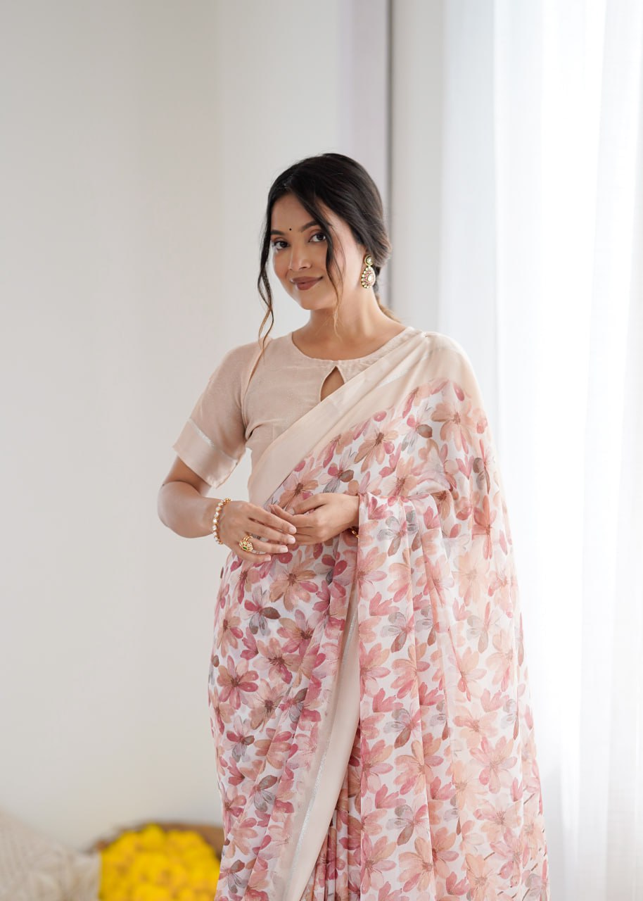 Bright Moss Satin Patta Printed Saree with Blouse Piece – Lightweight & Elegant