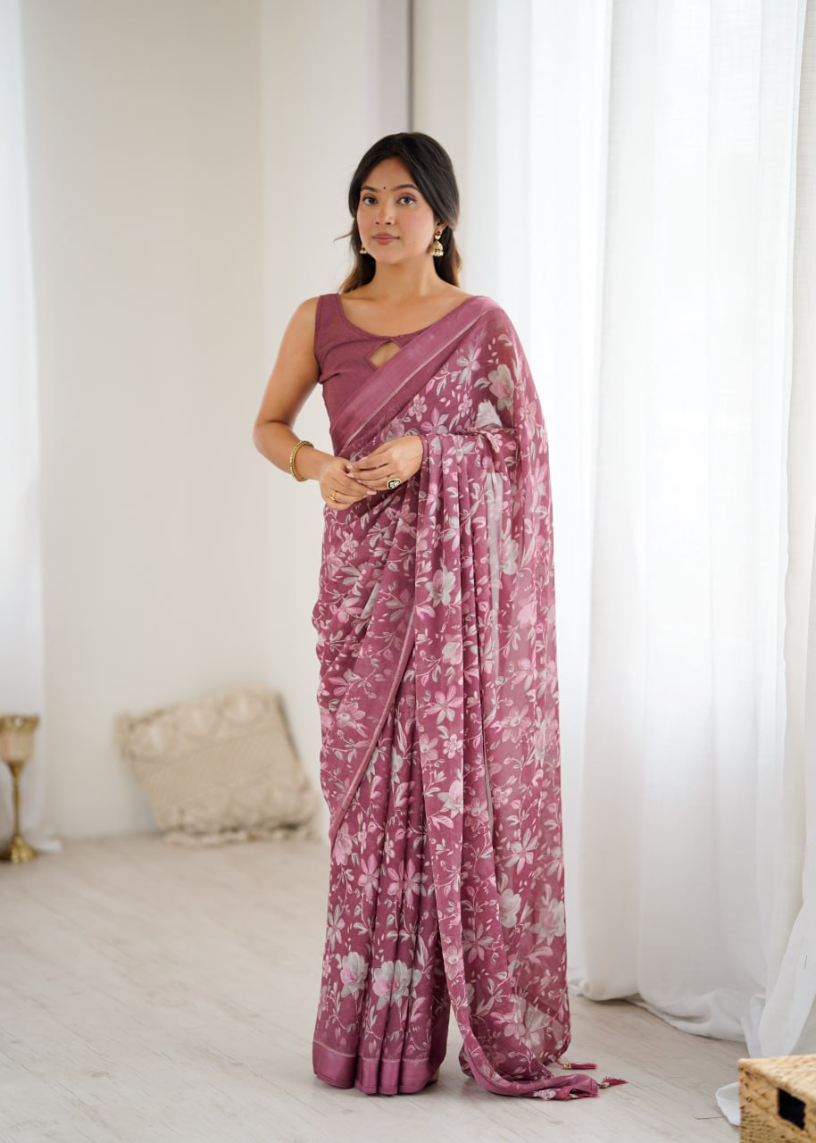 Bright Moss Satin Patta Printed Saree with Unstitched Blouse – Elegant Floral Design