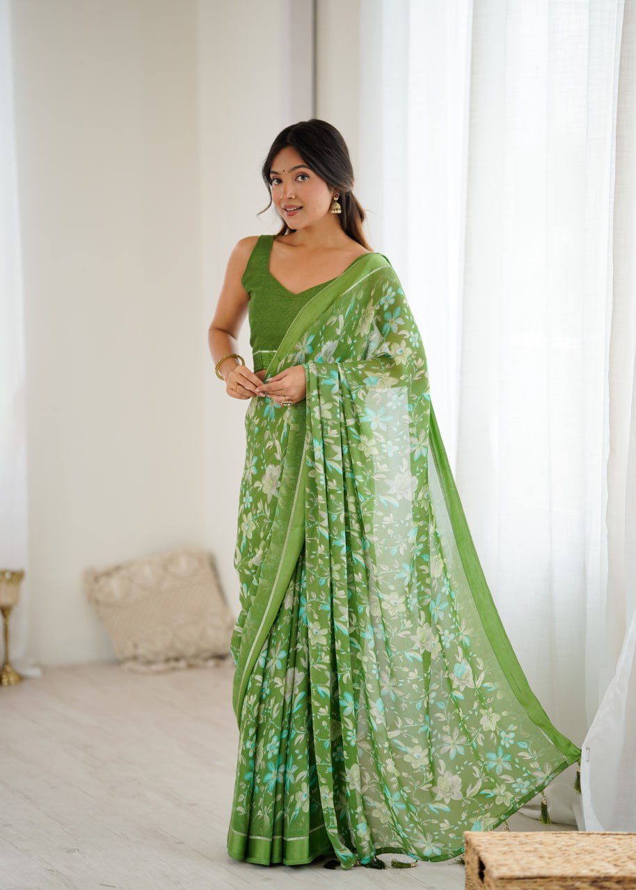 Bright Moss Satin Patta Printed Saree with Unstitched Blouse – Elegant Floral Design