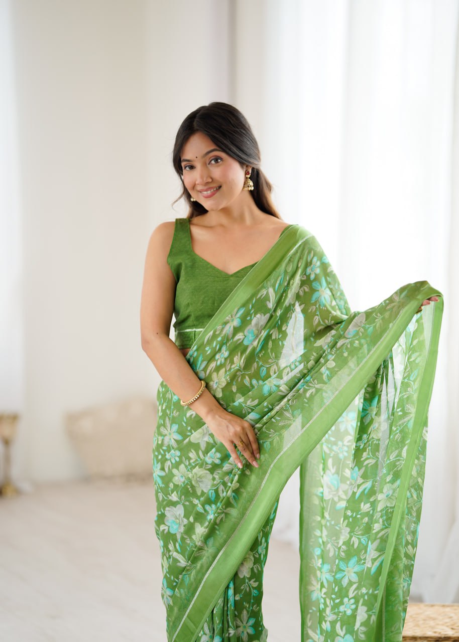 Bright Moss Satin Patta Printed Saree with Unstitched Blouse – Elegant Floral Design
