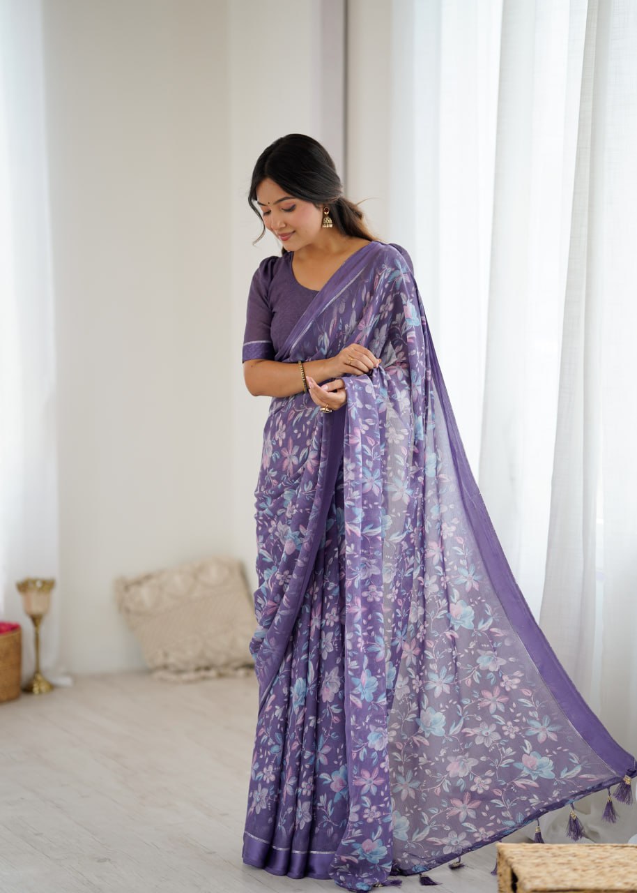 Bright Moss Satin Patta Printed Saree with Unstitched Blouse – Elegant Floral Design