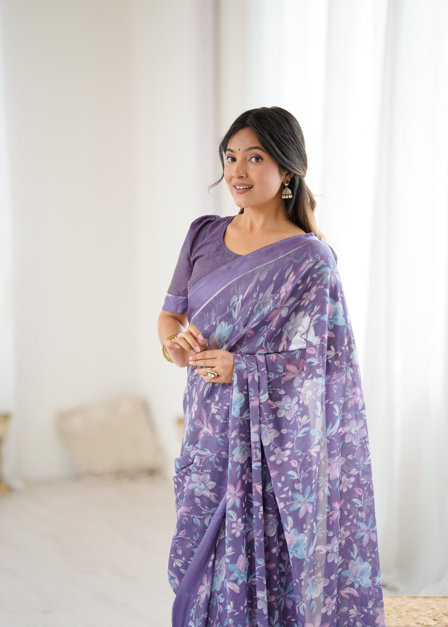 Bright Moss Satin Patta Printed Saree with Unstitched Blouse – Elegant Floral Design