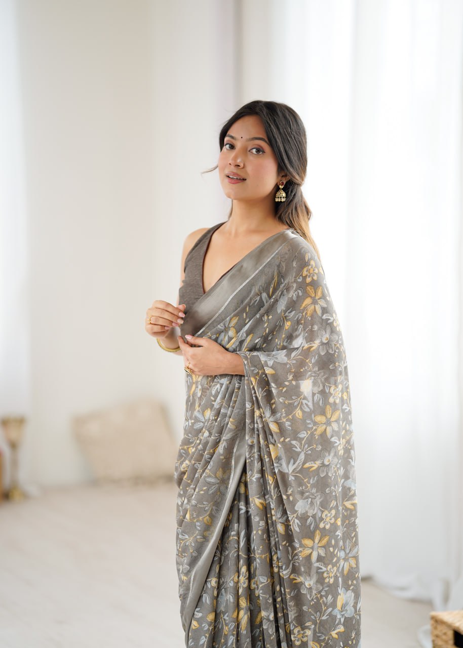 Bright Moss Satin Patta Printed Saree with Unstitched Blouse – Elegant Floral Design