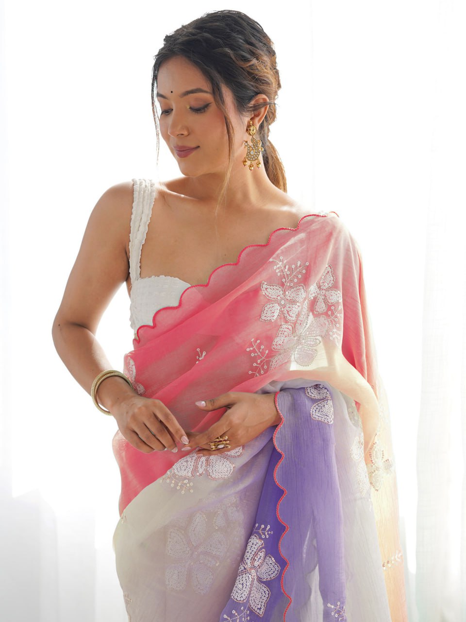 Dual Shade Gold Crush Embroidery Saree with Roto Banglori Blouse