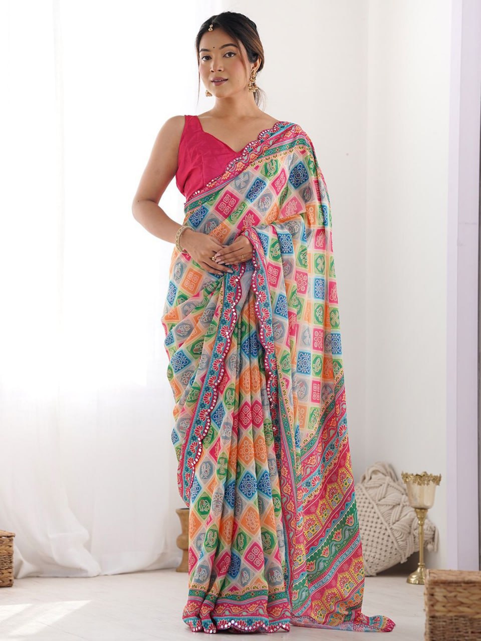 Elegant Pink Georgette Silk Digital Print Saree with Mirror Work Border & Unstitched Blouse