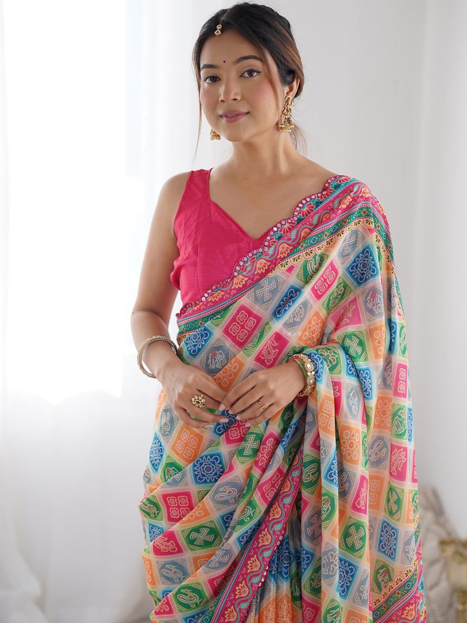 Elegant Pink Georgette Silk Digital Print Saree with Mirror Work Border & Unstitched Blouse