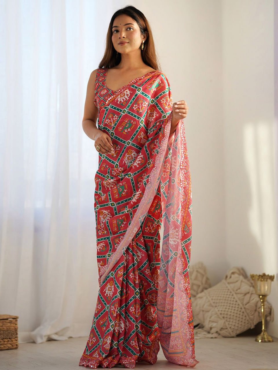 Festive Pink & Green Geometric Print Georgette Saree