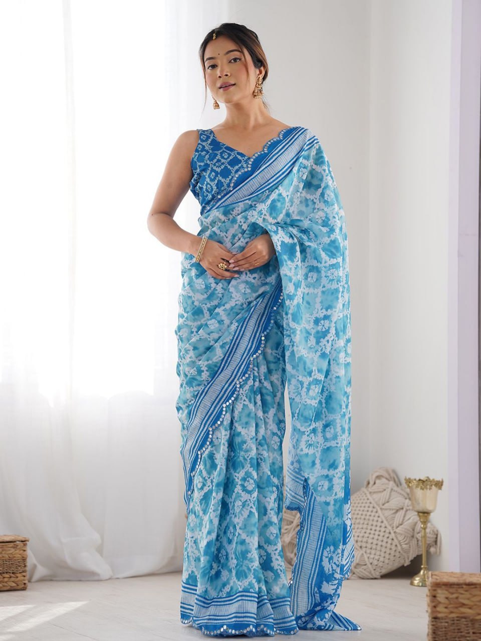 Blue & White Shibori-Style Digital Print Saree in Georgette Silk