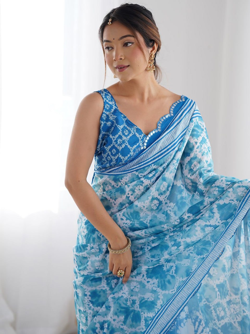 Blue & White Shibori-Style Digital Print Saree in Georgette Silk
