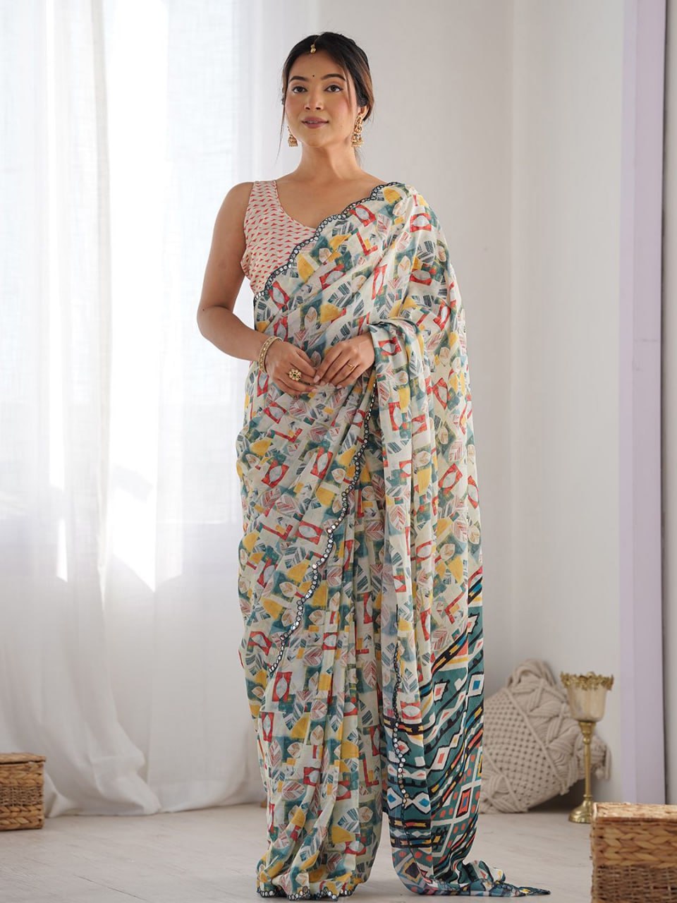 Contemporary Abstract Digital Print Georgette Silk Saree