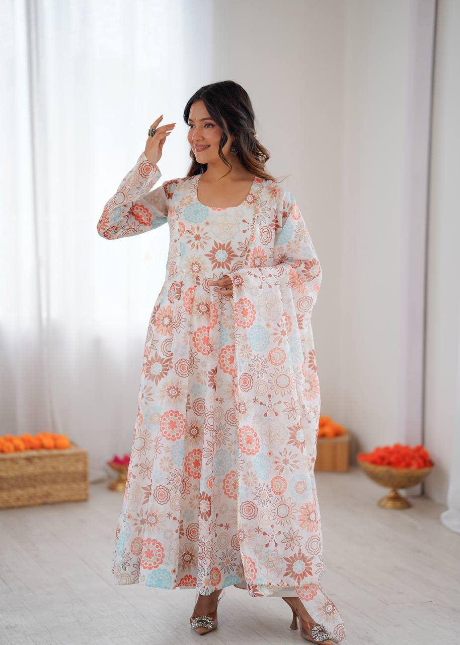 Sunkissed Floral Print Anarkali Suit with Dupatta & Pants – Pure Organza