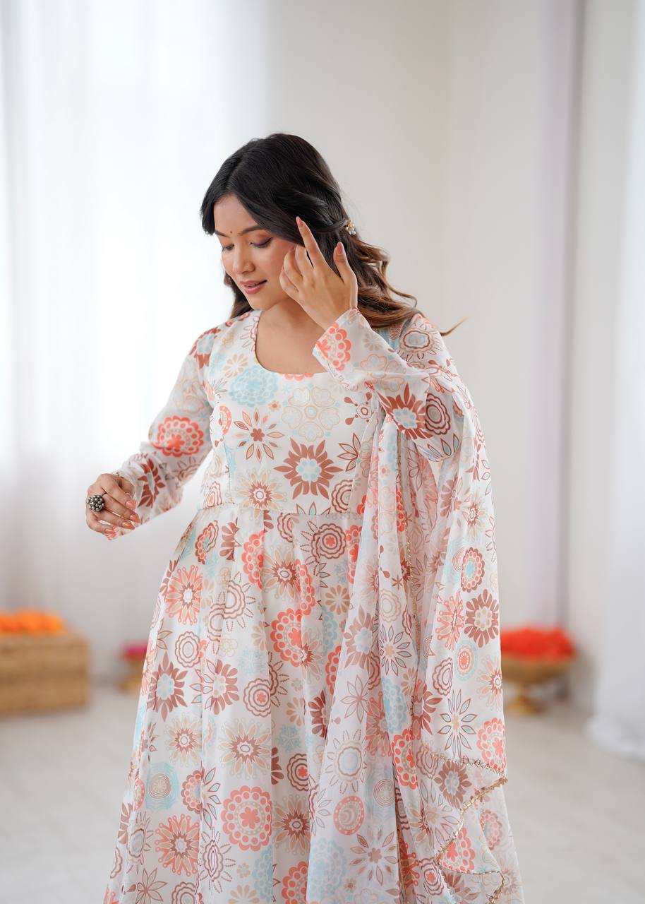 Sunkissed Floral Print Anarkali Suit with Dupatta & Pants – Pure Organza
